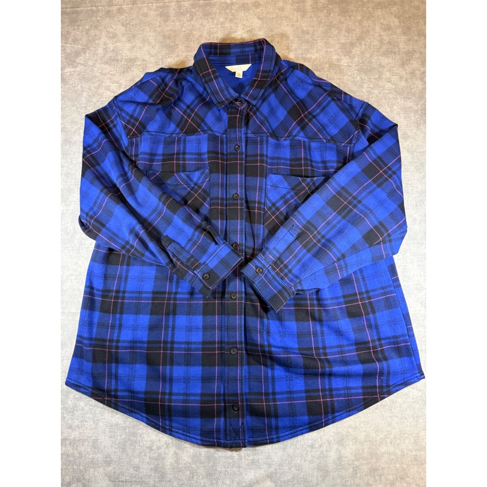 Time and Tru Womens XXL (20) Flannel Shirt Blue Black Plaid Long Sleeve Button U